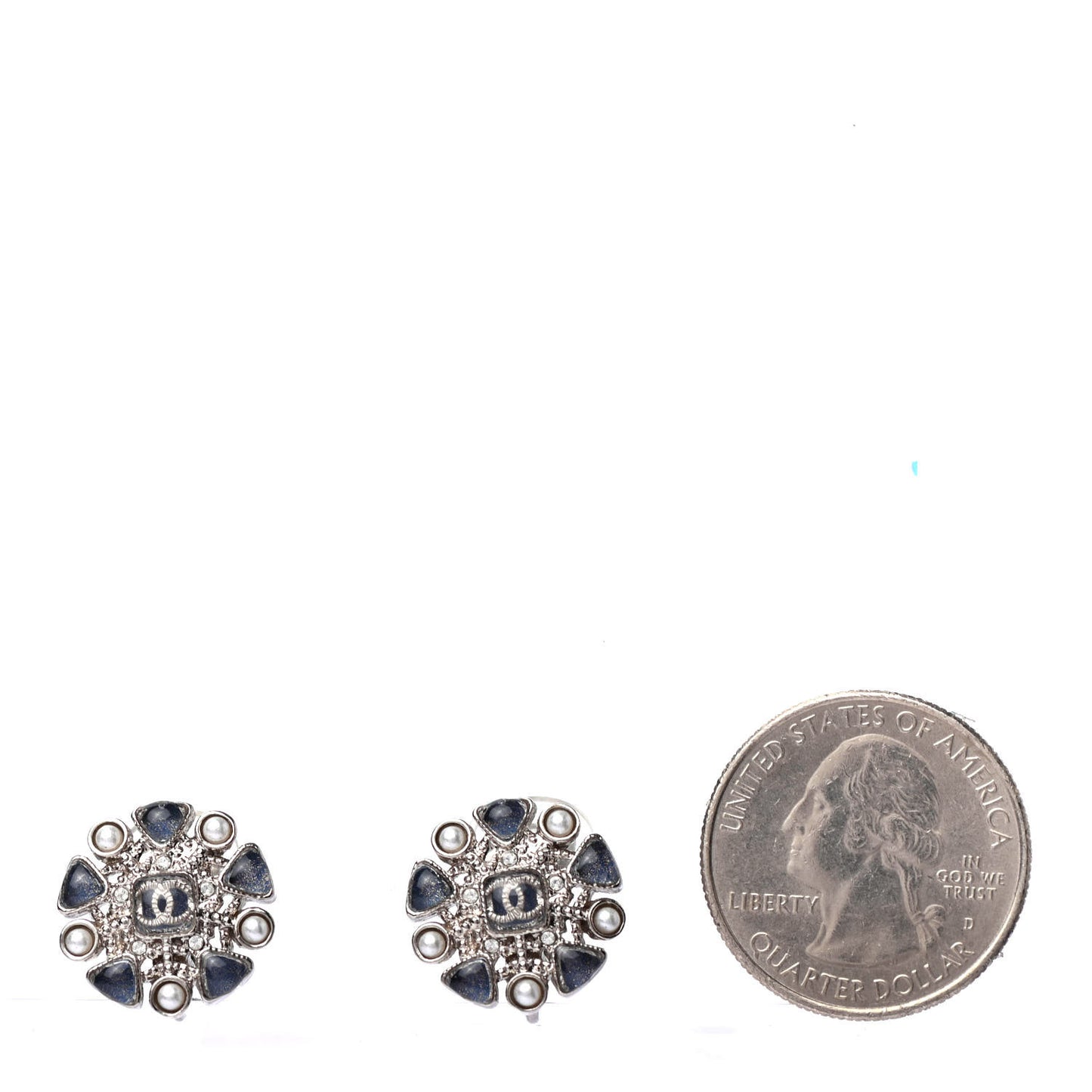 Pearl CC Round Clip On Earrings Silver Blue