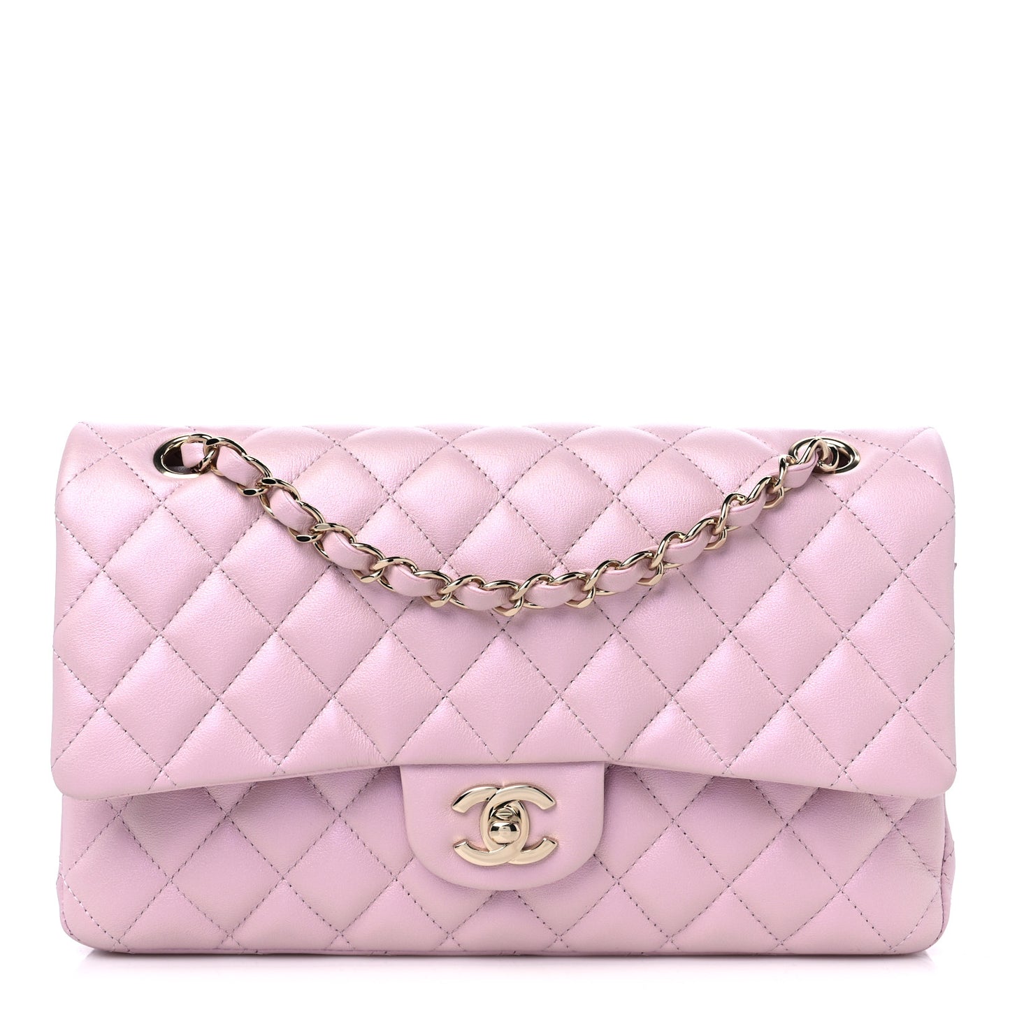 Iridescent Calfskin Quilted Medium Double Flap Light Pink