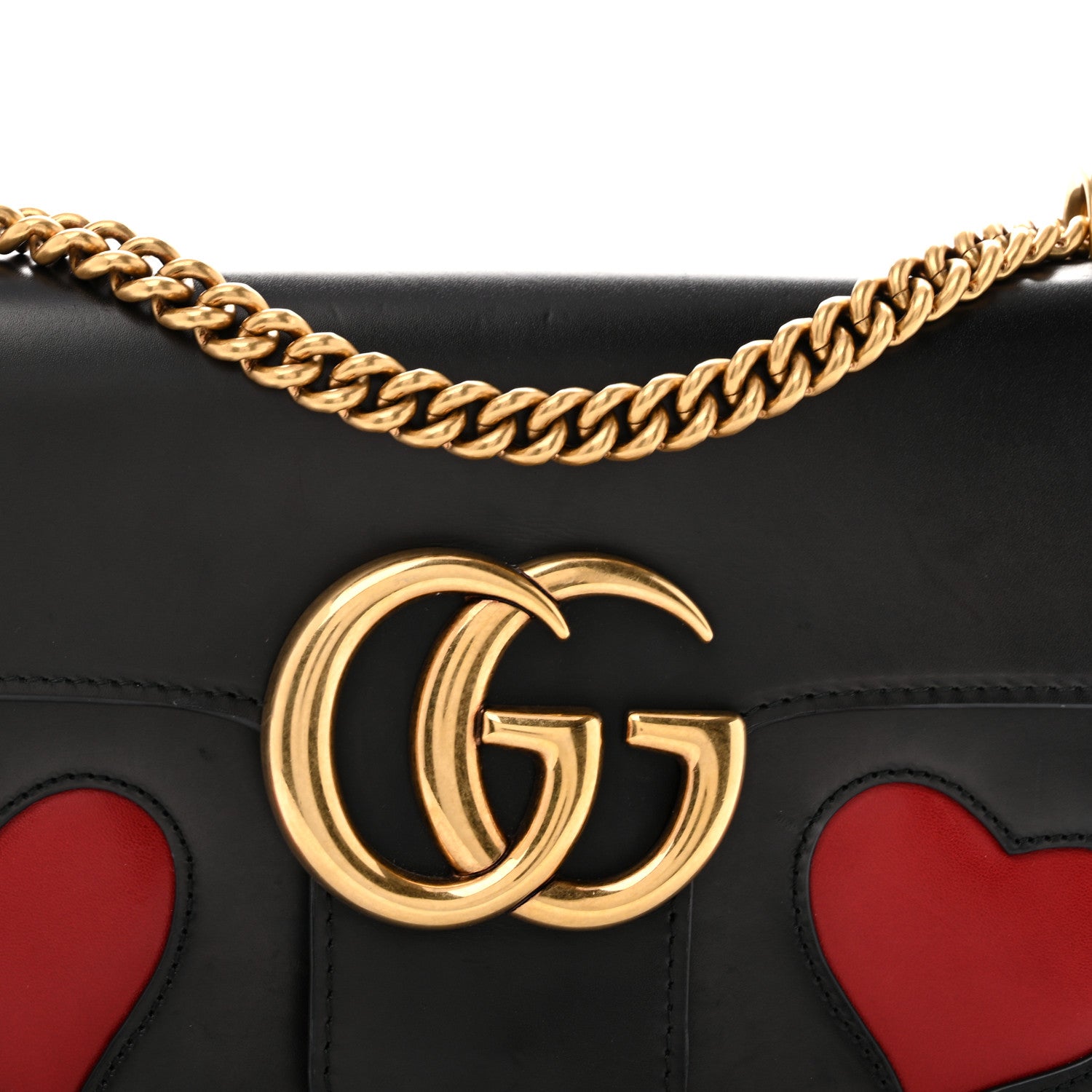 Gucci Knight Calfskin Malaga Kid Heart Medium GG Marmont Chain Handle Bag Black Hibiscus Red Multicolor 9 of 14