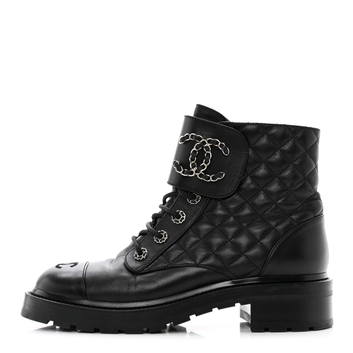Shiny Lambskin Quilted Lace Up Combat Boots 40 Black