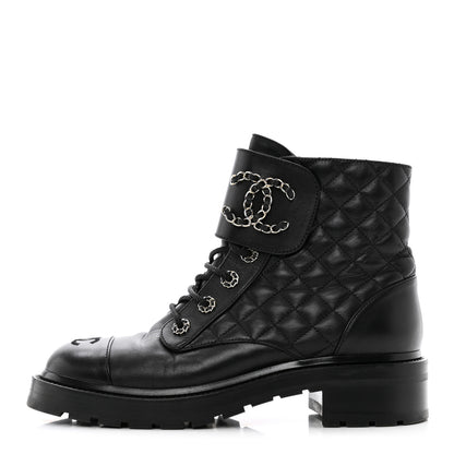 Chanel Shiny Lambskin Quilted Lace Up Combat Boots 40 Black 1 of 8
