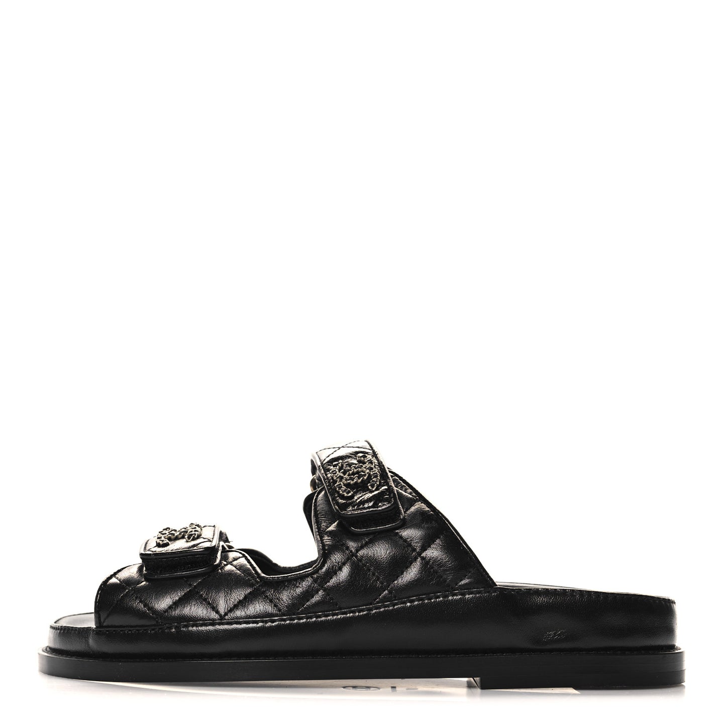 Lambskin Quilted Velcro Dad Chain CC Slide Sandals 37 Black