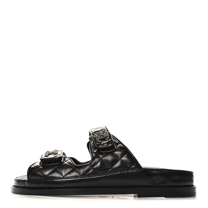 Chanel Lambskin Quilted Velcro Dad Chain CC Slide Sandals 37 Black 1 of 9