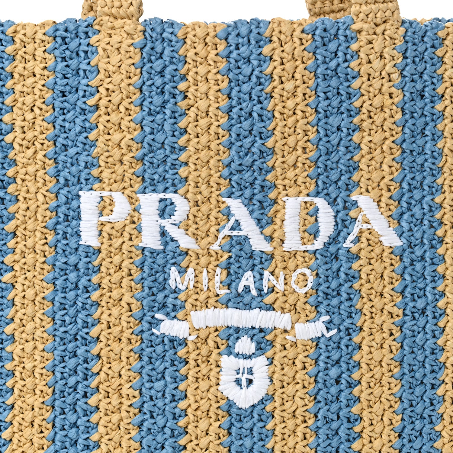 Prada Yarn Raffia Effect Crochet Striped Large Logo Tote Naturale Celeste 8 of 10