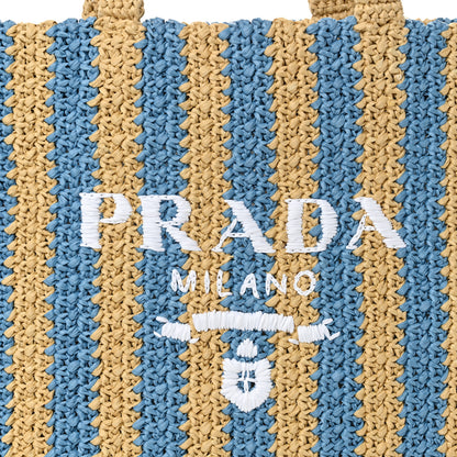 Prada Yarn Raffia Effect Crochet Striped Large Logo Tote Naturale Celeste 8 of 10