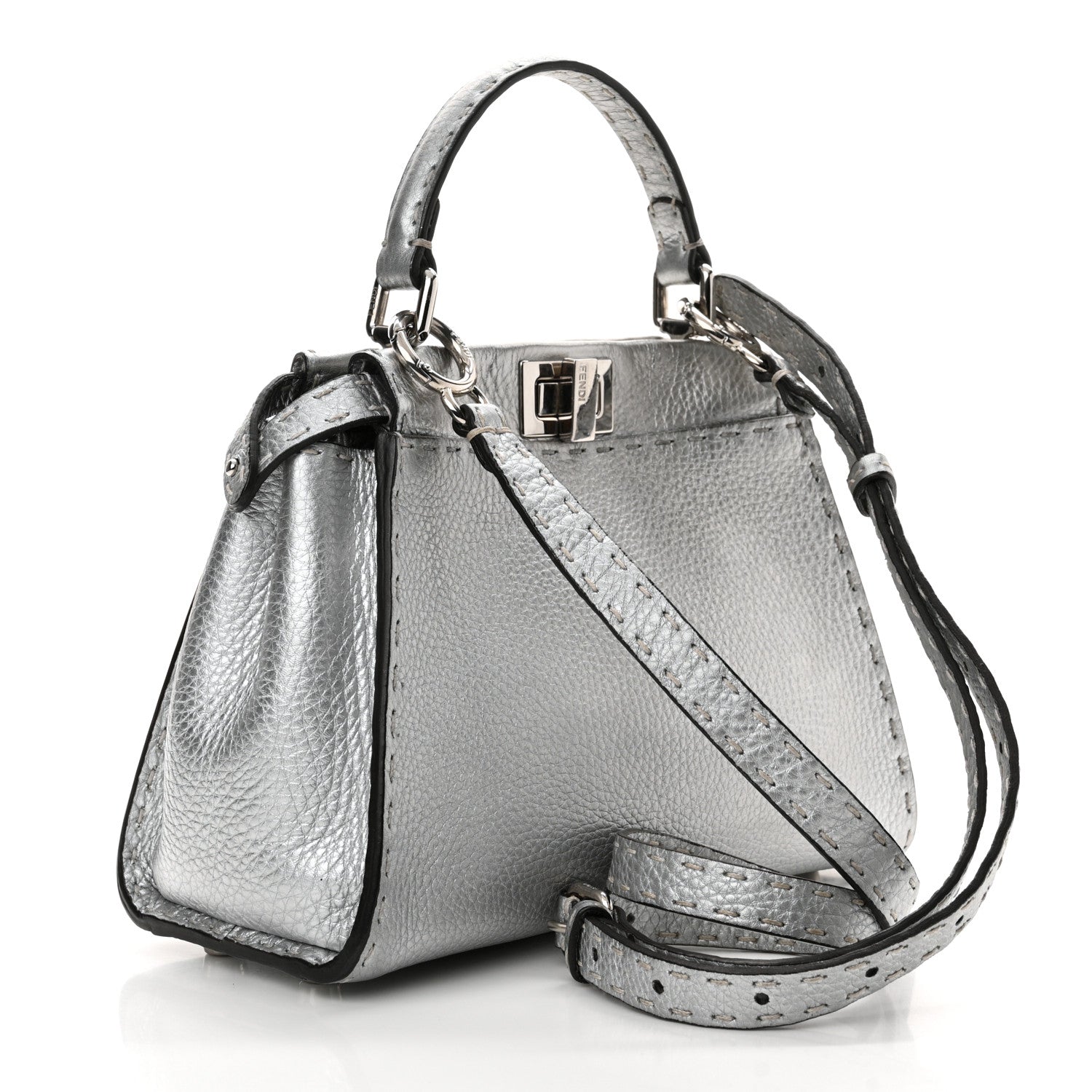 Fendi Cuoio Romano Lux Selleria Mini Peekaboo Iconic Satchel Argento 3 of 9