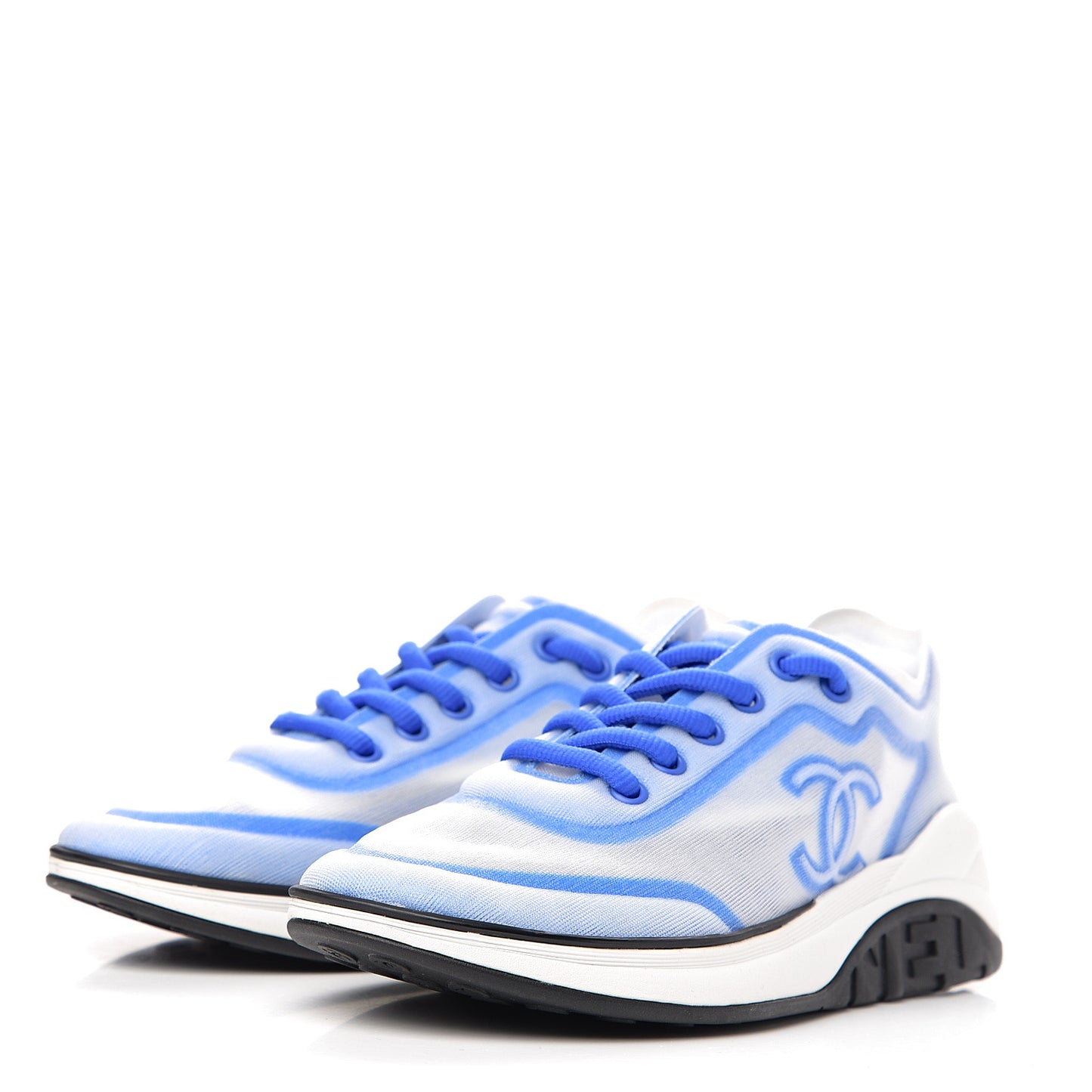 Calfskin Mesh Lycra Womens Logo Sneakers 36 White Blue