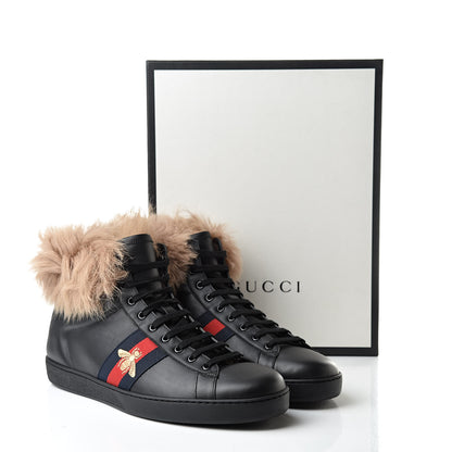 Gucci Calfskin Wool Web Bee Embroidered Mens Ace High Top Sneakers 12.5 Black 9 of 9
