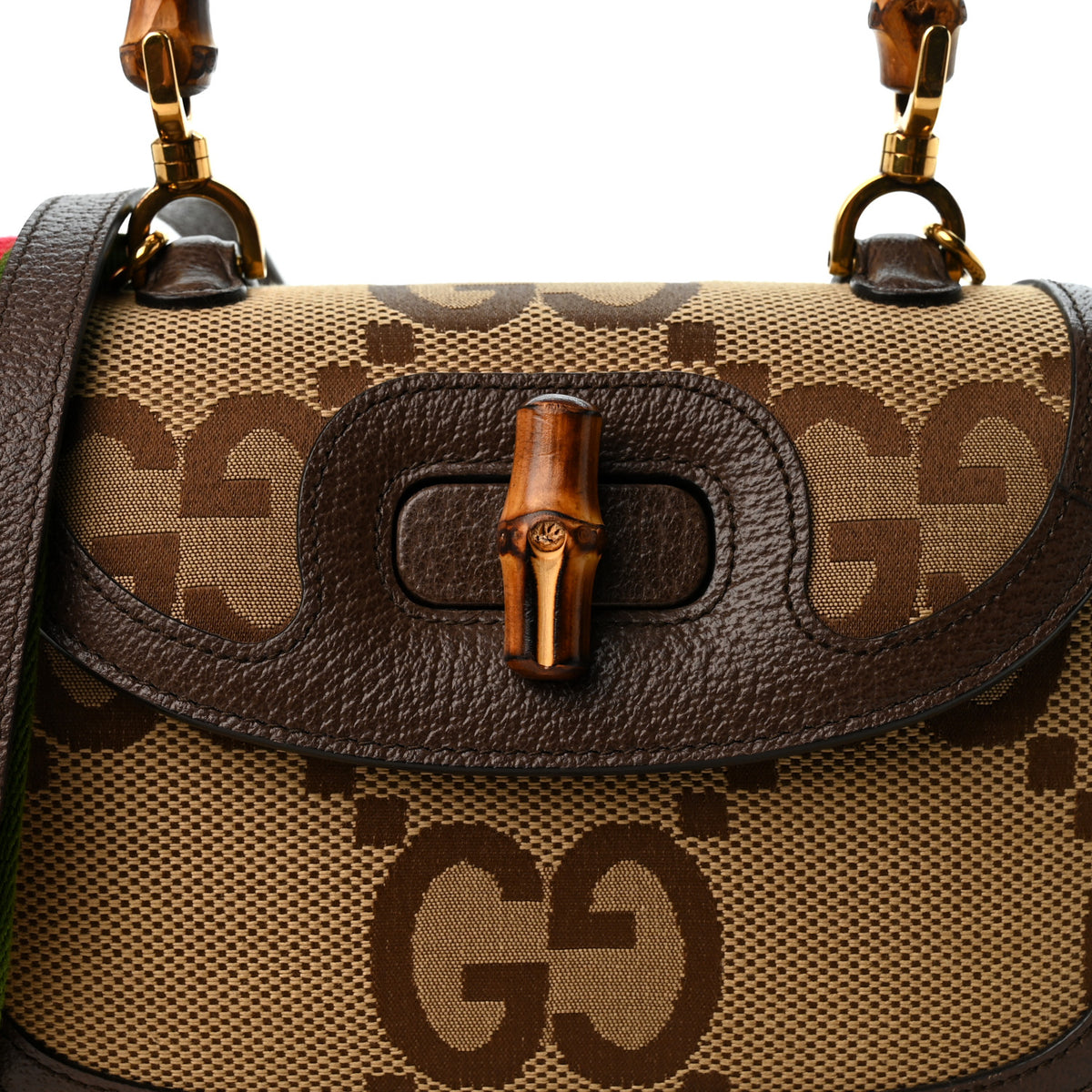 Gucci Monogram Jumbo GG Textured Dollar Calfskin Web Small Bamboo 1947 Top Handle Bag Camel Ebony New Acero 9 of 12