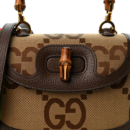 Gucci Monogram Jumbo GG Textured Dollar Calfskin Web Small Bamboo 1947 Top Handle Bag Camel Ebony New Acero 9 of 12