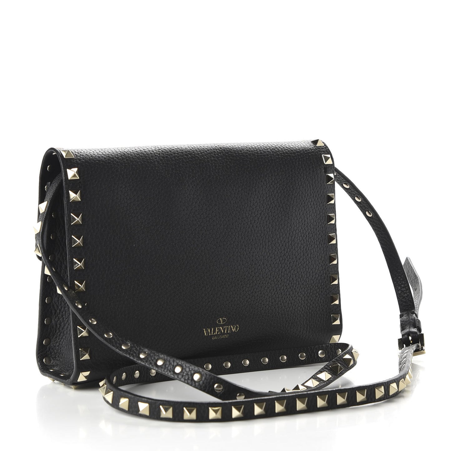 Pebbled Calfskin Medium Rockstud Flip Lock Crossbody Bag Black
