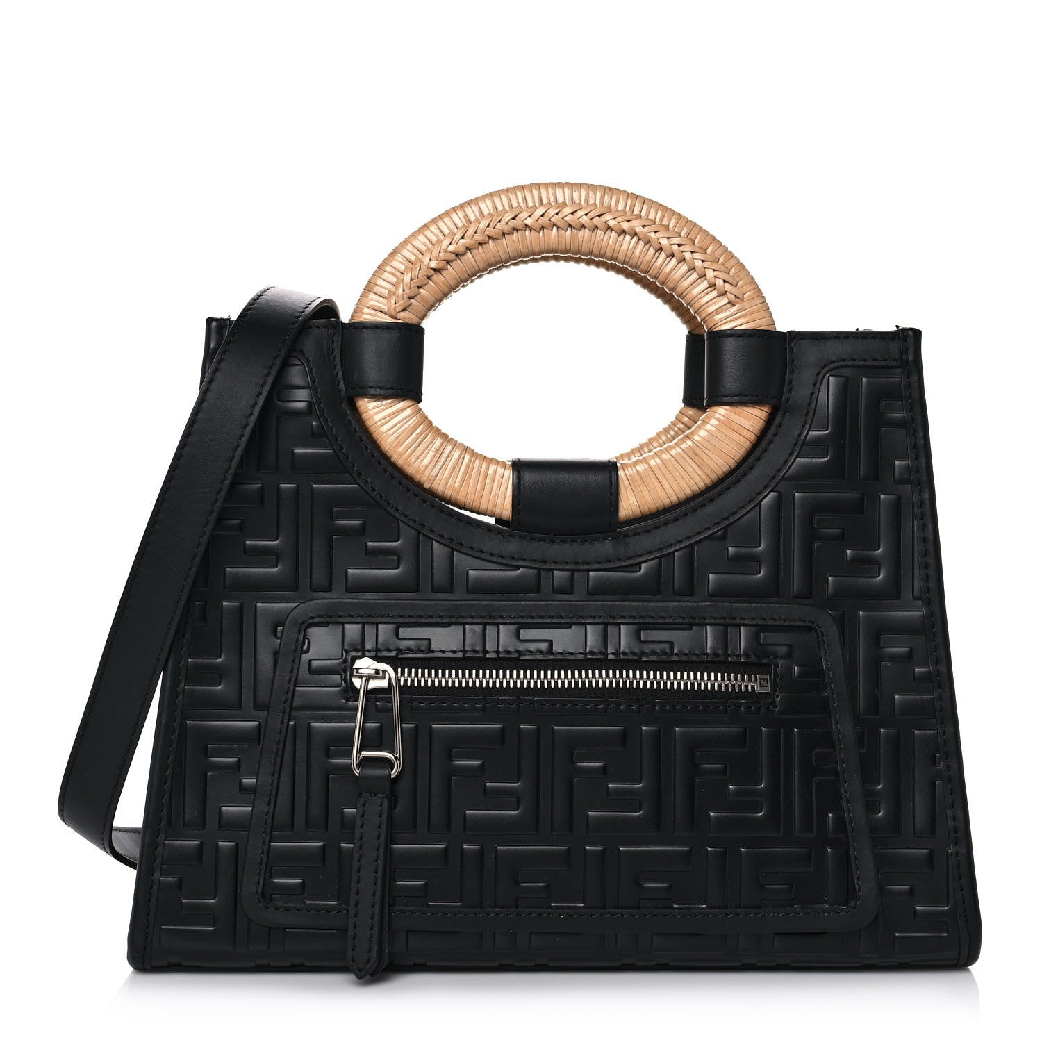 Fendi Vitello Century Wicker FF 1974 Embossed Small Runaway Shopper Tote Black 1 of 10