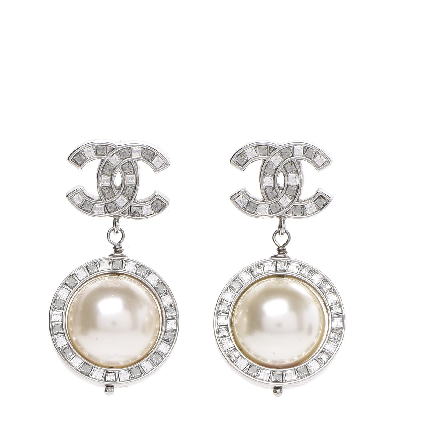 Baguette Crystal CC Pearl Drop Art Decoco Earrings Silver