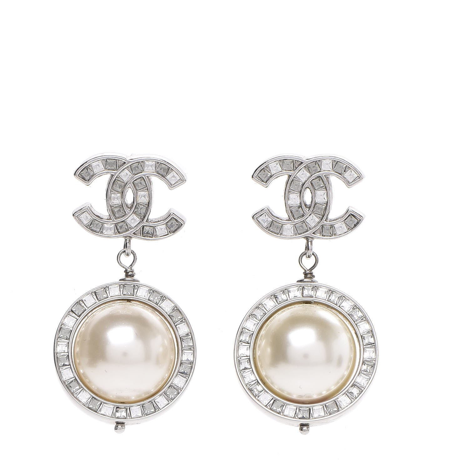 Chanel Baguette Crystal CC Pearl Drop Art Decoco Earrings Silver 1 of 5