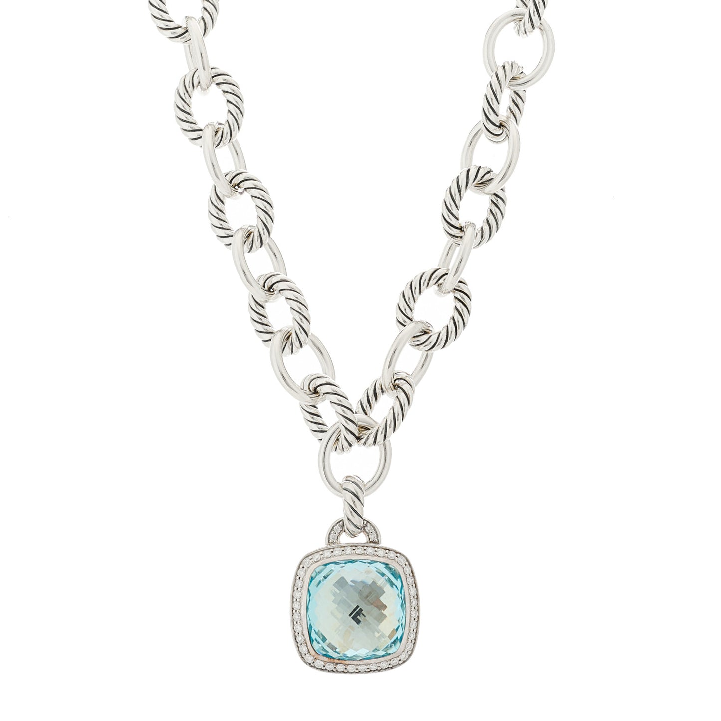 Sterling Silver Blue Topaz Diamond 14mm Albion Pendant Cable Necklace
