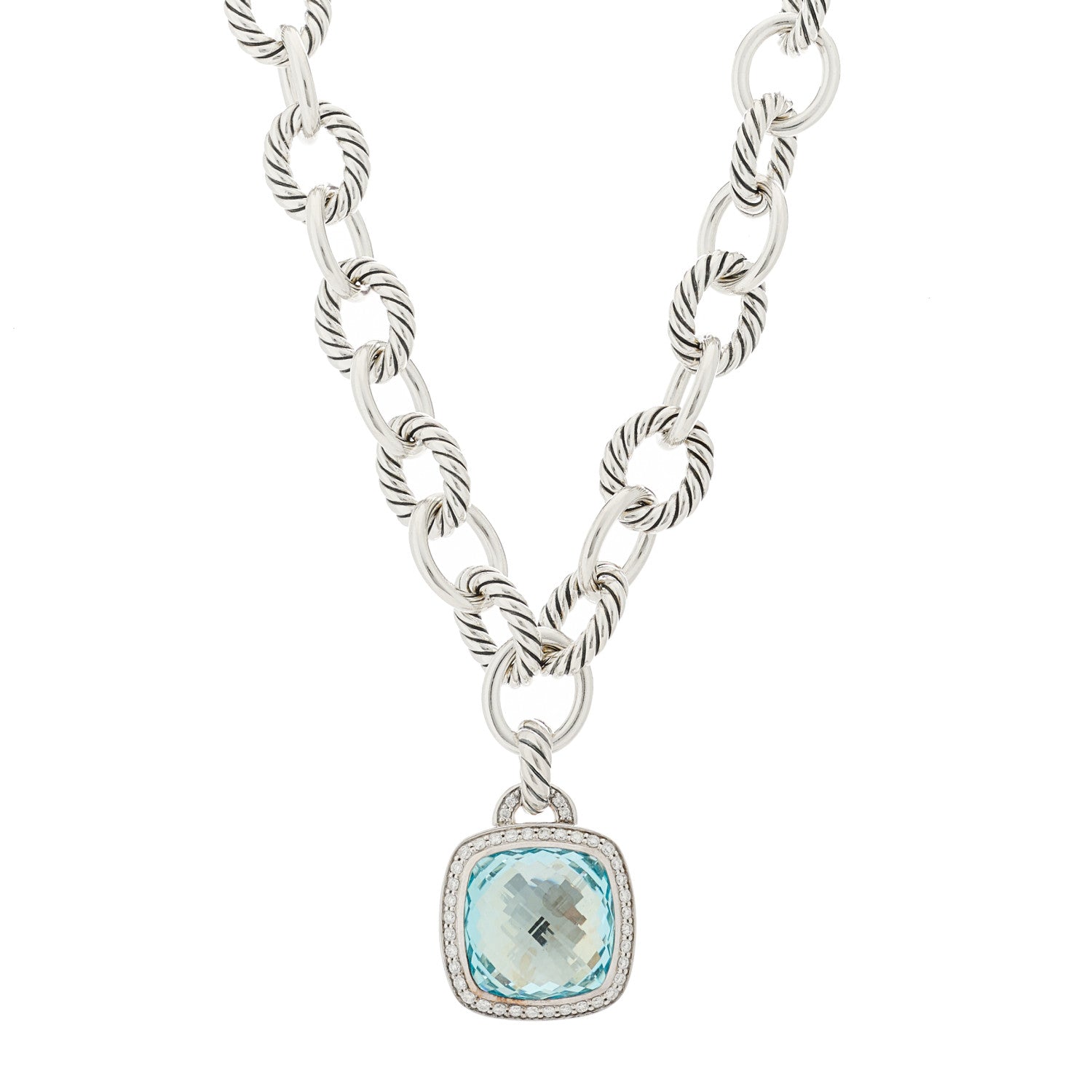David Yurman Sterling Silver Blue Topaz Diamond 14mm Albion Pendant Cable Necklace 1 of 5