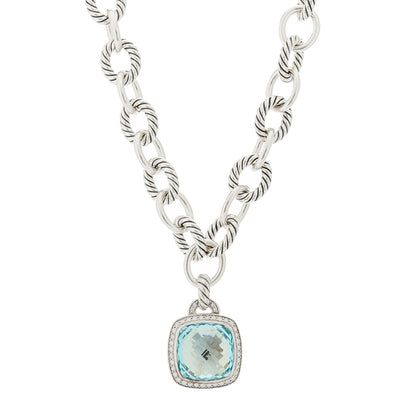 David Yurman Sterling Silver Blue Topaz Diamond 14mm Albion Pendant Cable Necklace 1 of 5