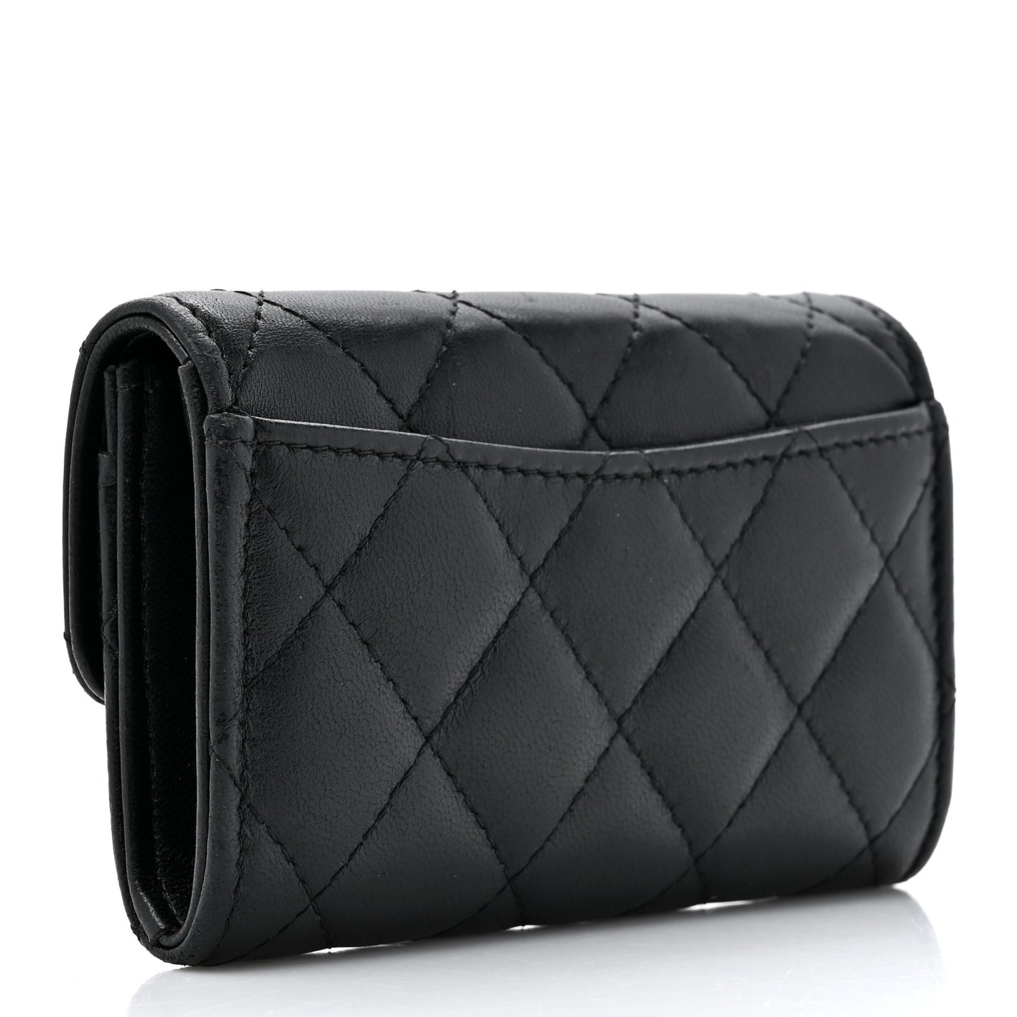 Lambskin Quilted Flap Card Holder Wallet Black