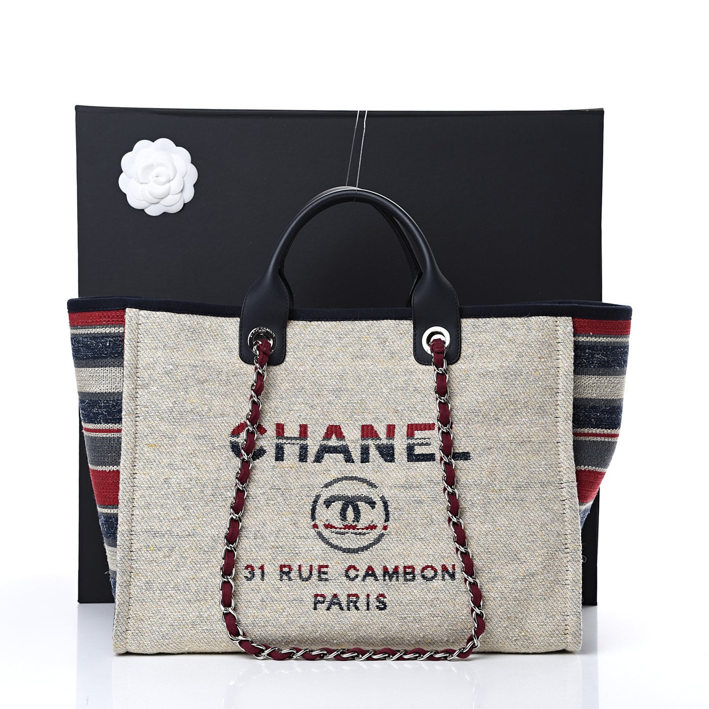 Striped Canvas Medium Deauville Tote Beige