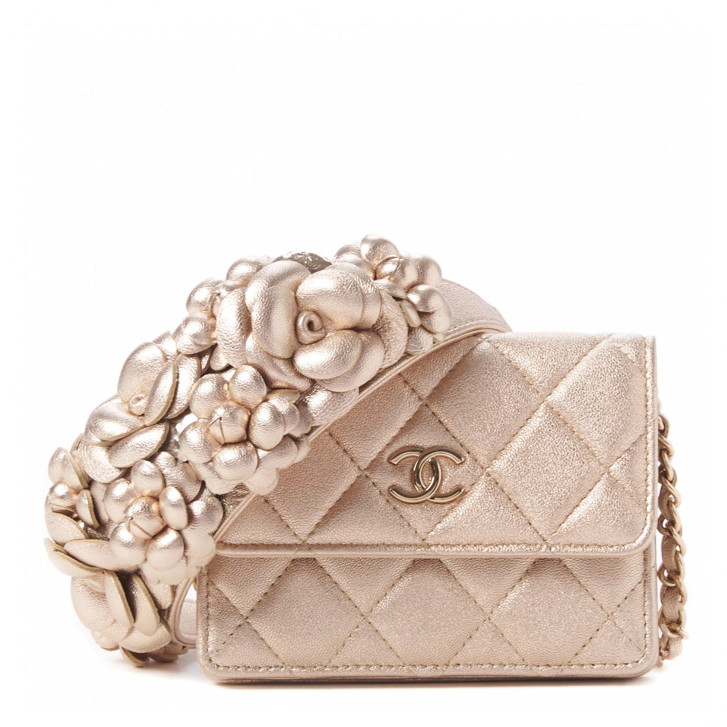 Metallic Lambskin Quilted Camellia Card Holder On Chain Gold