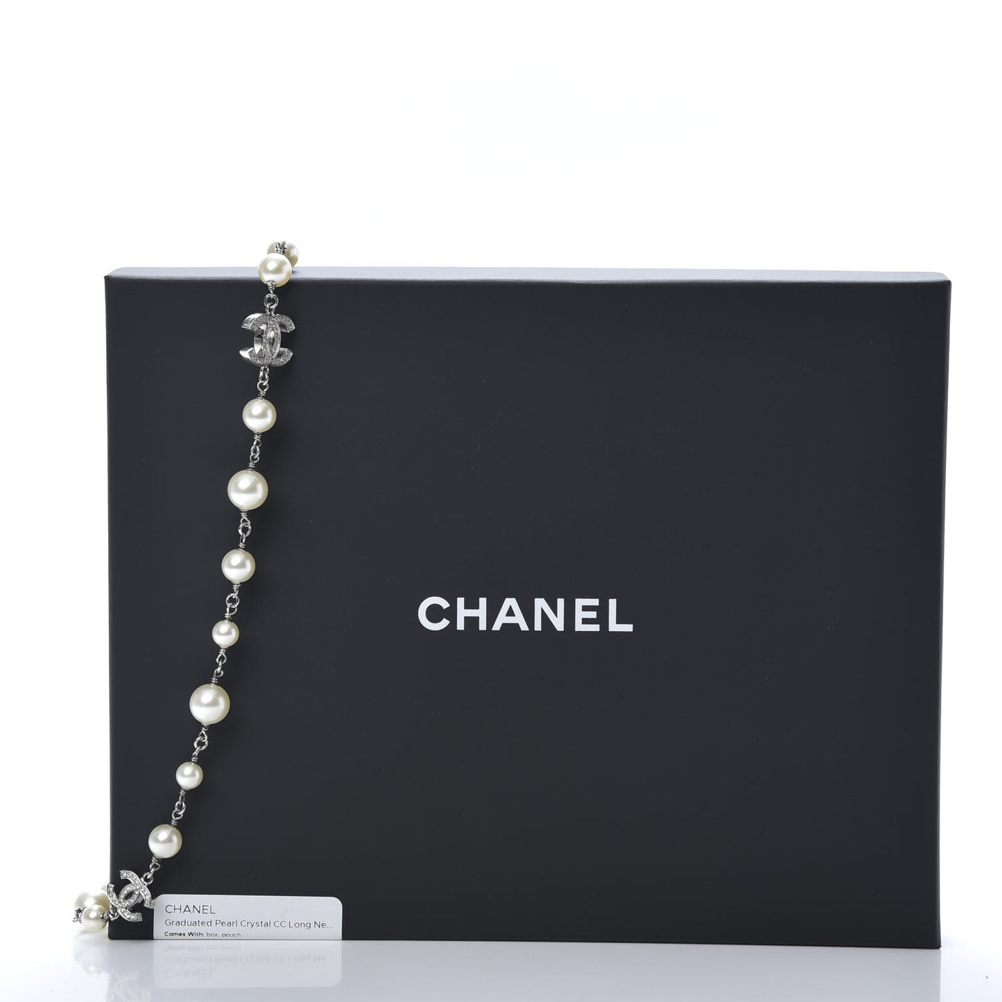 Graduated Pearl Crystal CC Long Necklace Silver