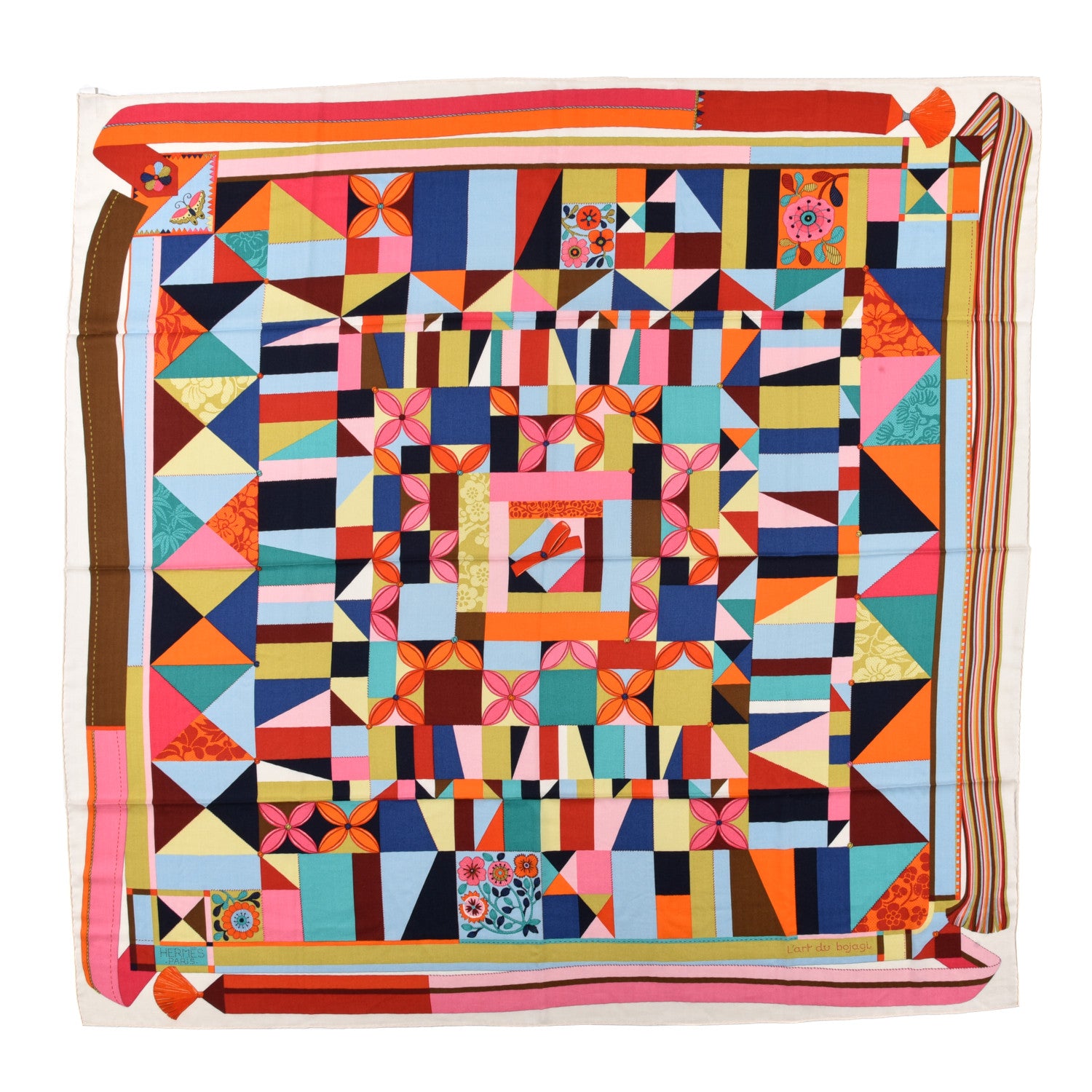 Hermes Cashmere Silk L'Art du Bojagi Shawl 140 Blanc Turquoise Orange 1 of 5