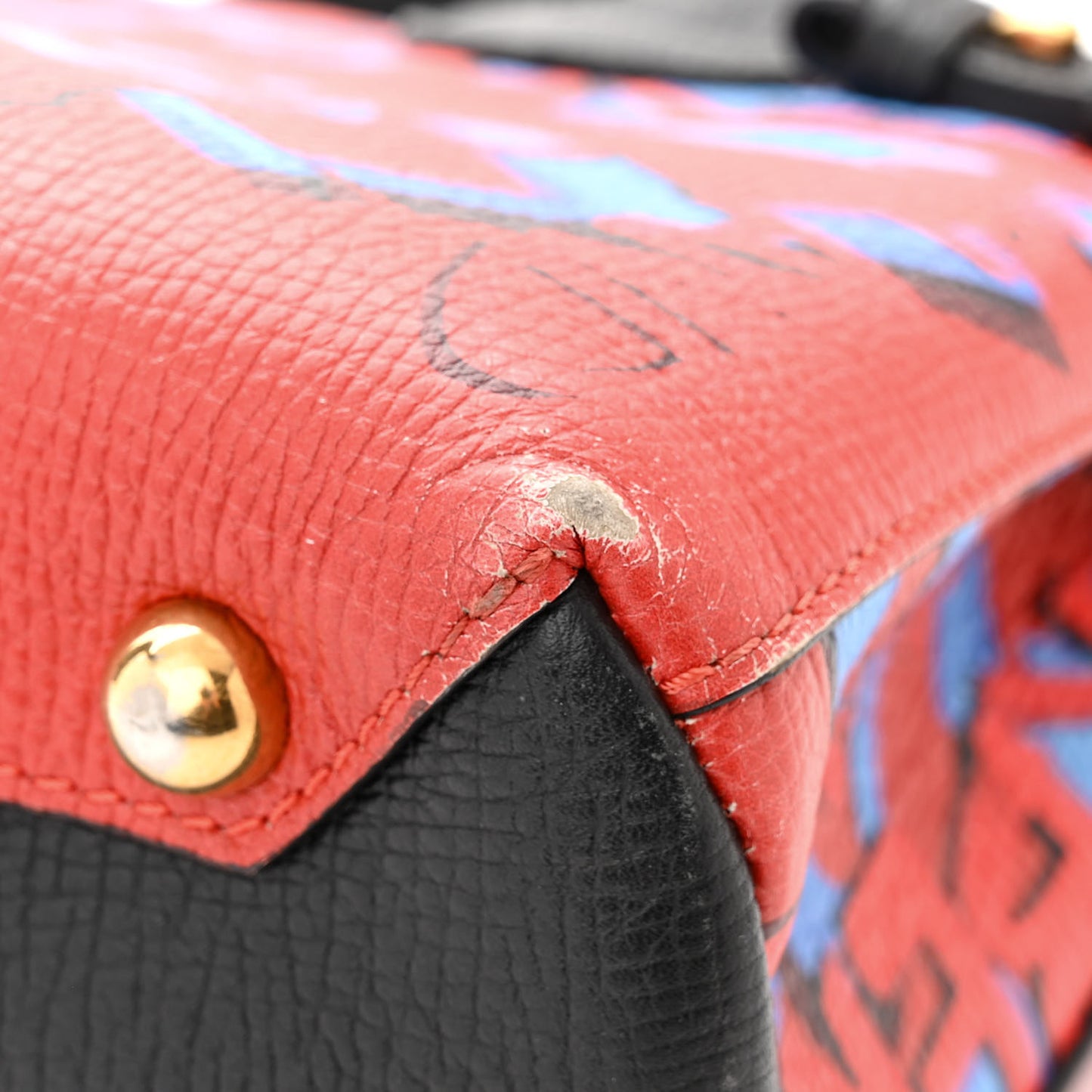 Grainy Calfskin Graffiti Print Small Banner Tote Black