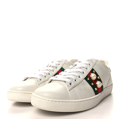Gucci Calfskin Web Pearl Studded Womens Ace Sneakers 35.5 White 3 of 9