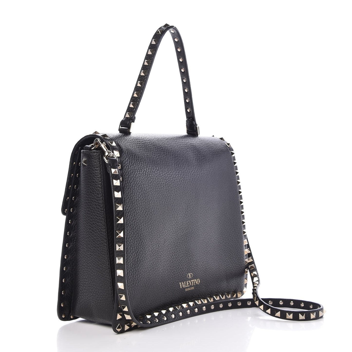 Grained Calfskin Rockstud Top Handle Flap Shoulder Bag Black