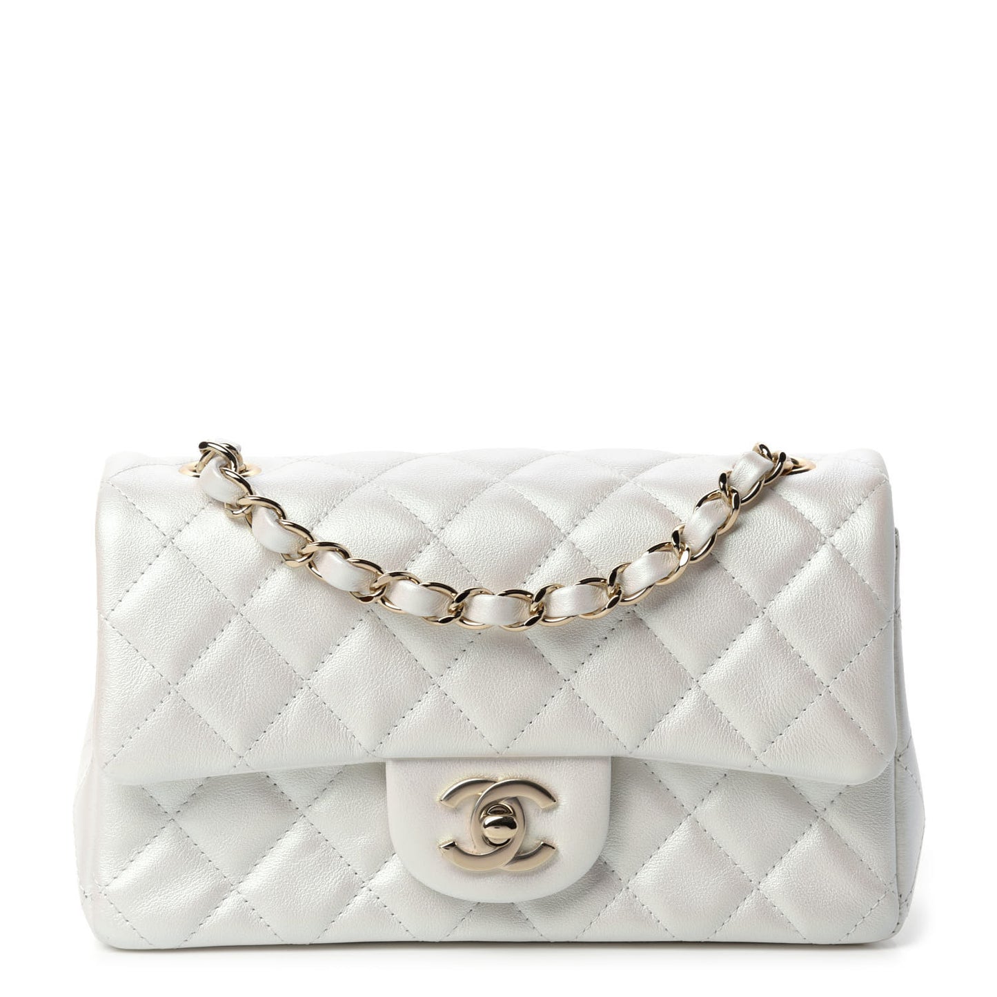 Iridescent Calfskin Quilted Mini Rectangular Flap White