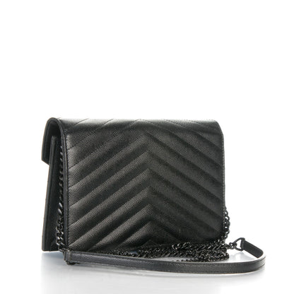 Saint Laurent Grain De Poudre Matelasse Chevron Monogram Envelope Chain Wallet Black 3 of 7