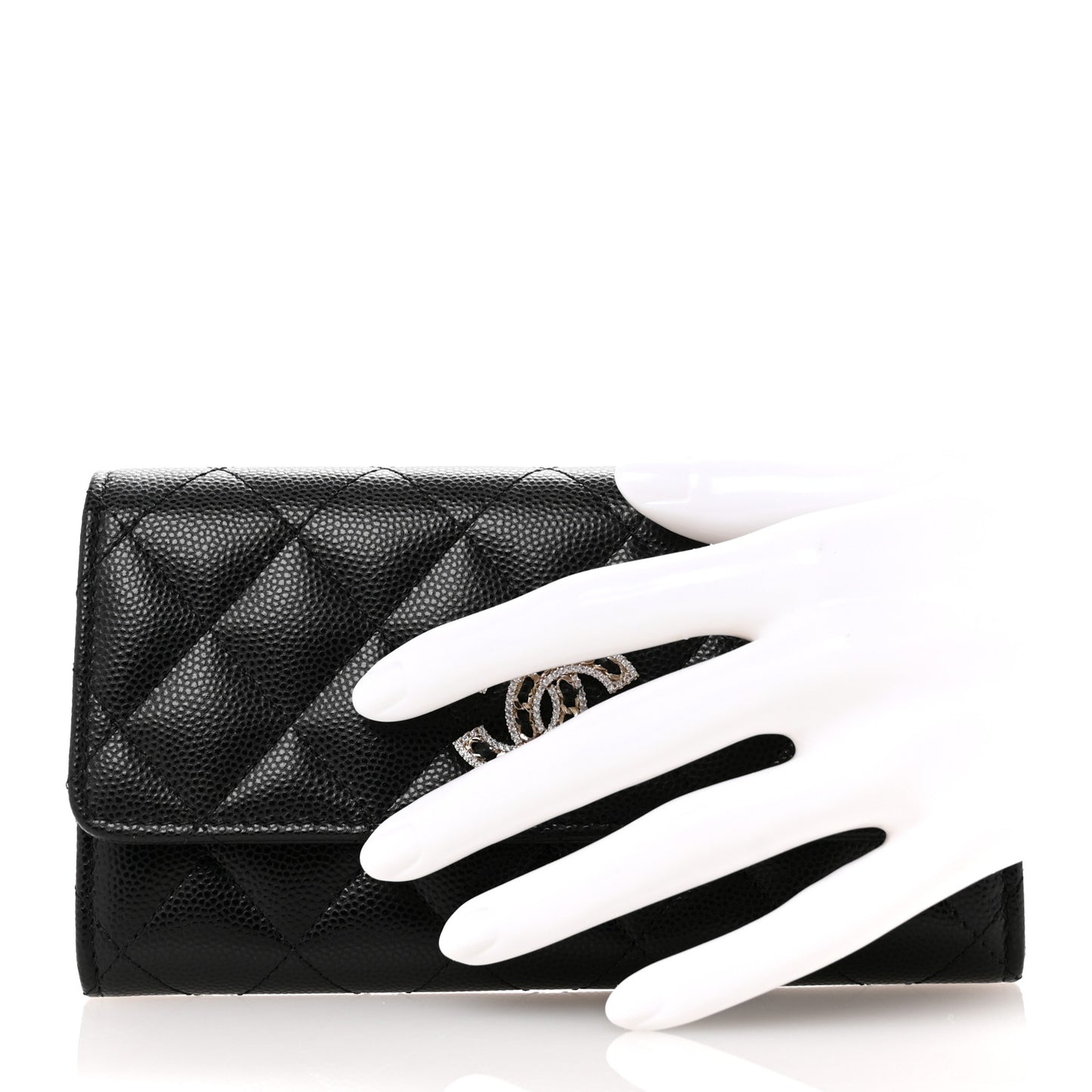 Caviar Quilted Crystal CC Large Gusset Flap Wallet Black