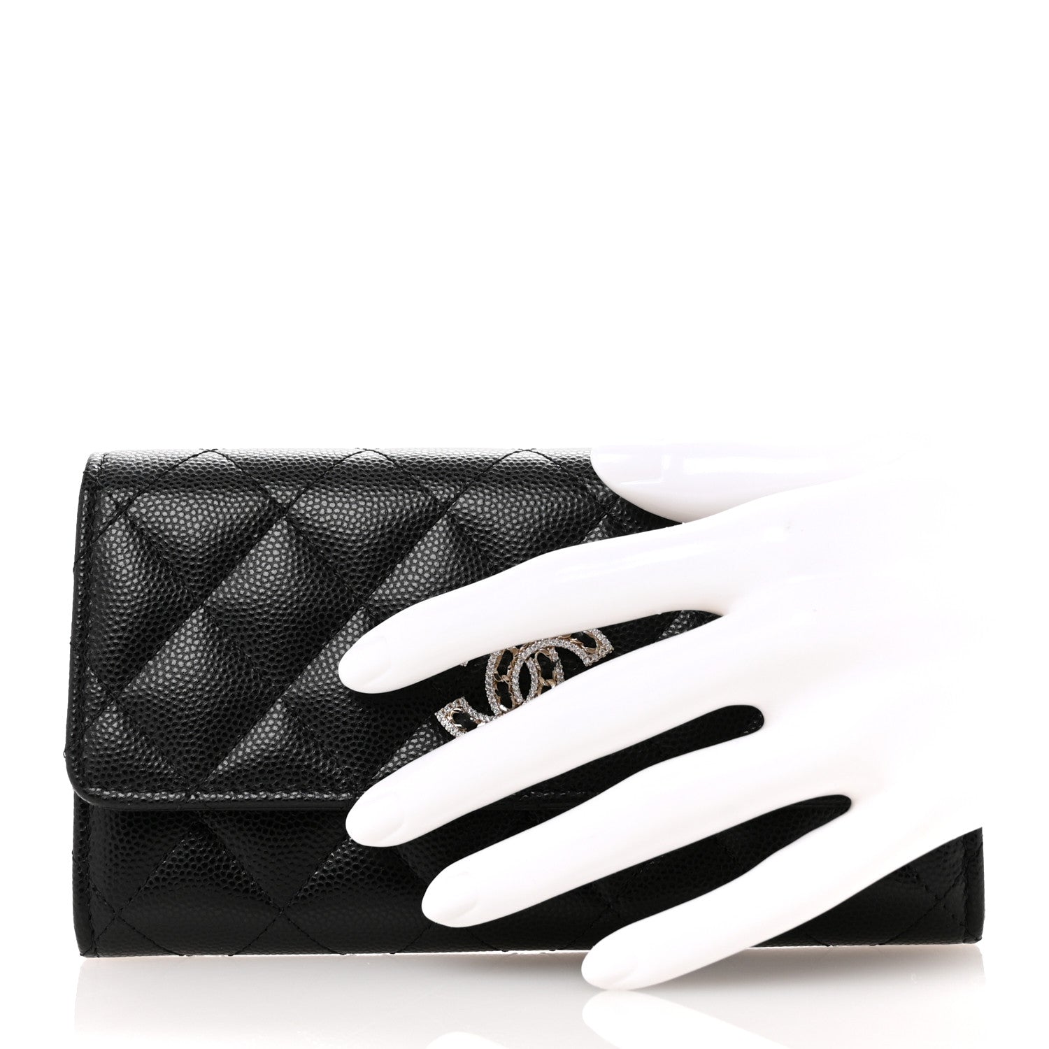 Chanel Caviar Quilted Crystal CC Large Gusset Flap Wallet Black 2 of 9