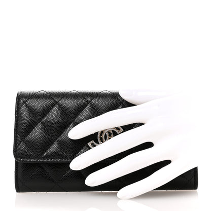 Chanel Caviar Quilted Crystal CC Large Gusset Flap Wallet Black 2 of 9