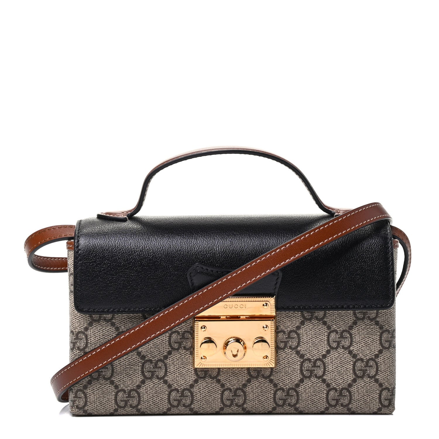 Gucci GG Supreme Monogram Calfskin Mini Padlock Top Handle Shoulder Bag Beige Black Cuir 1 of 8