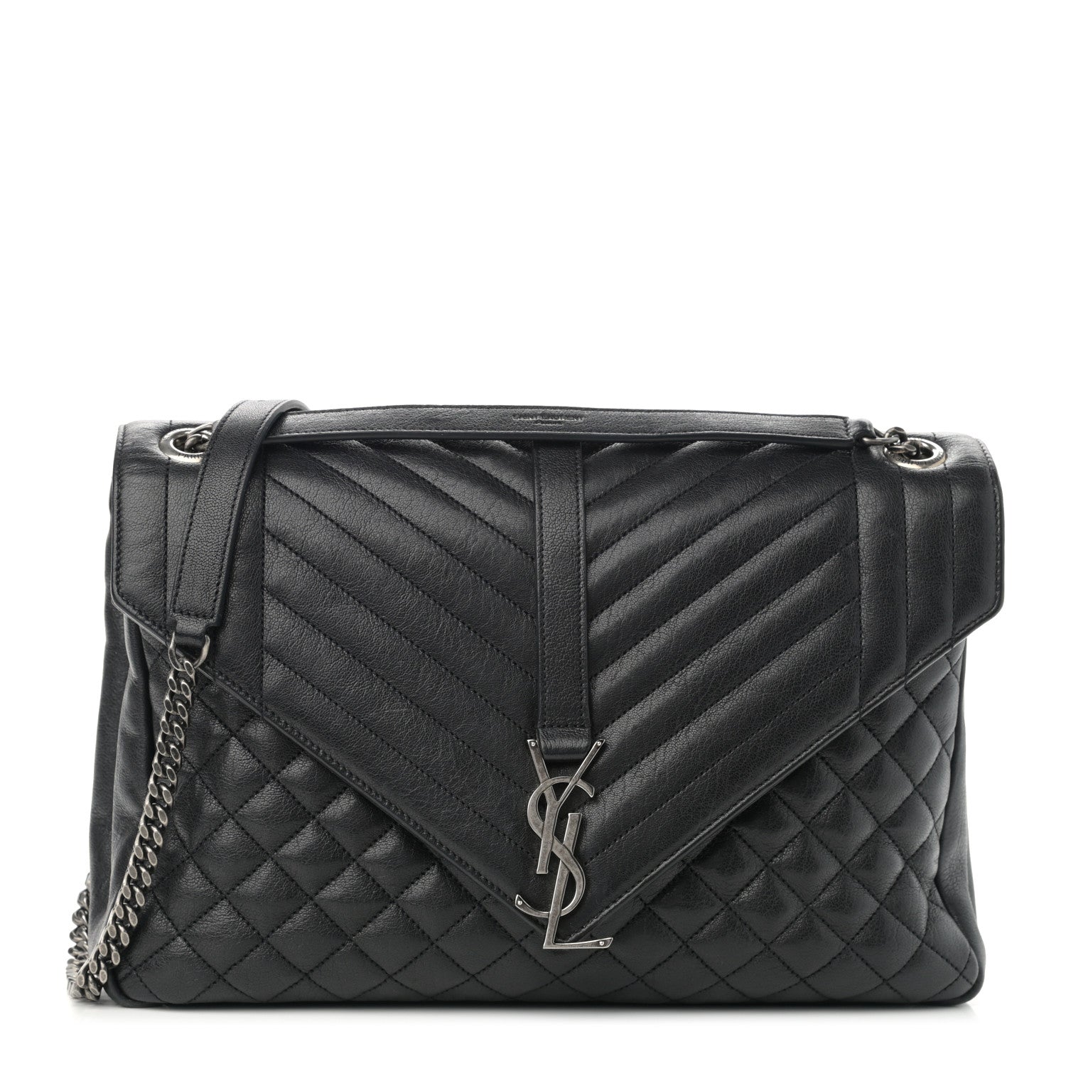 Saint Laurent Calfskin Mixed Matelasse Triquilt Large Monogram Satchel Black 1 of 12