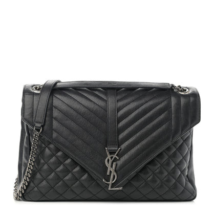 Saint Laurent Calfskin Mixed Matelasse Triquilt Large Monogram Satchel Black 1 of 12