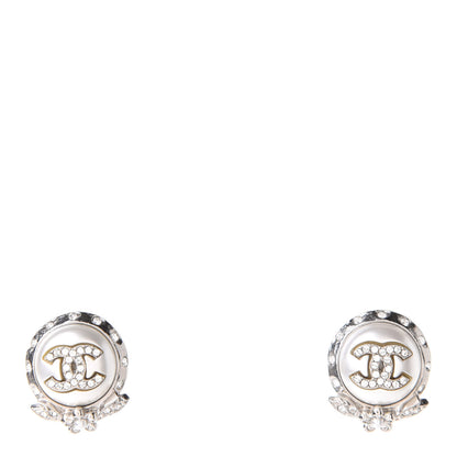 Chanel Pearl Crystal CC Round Earrings Silver 1 of 5