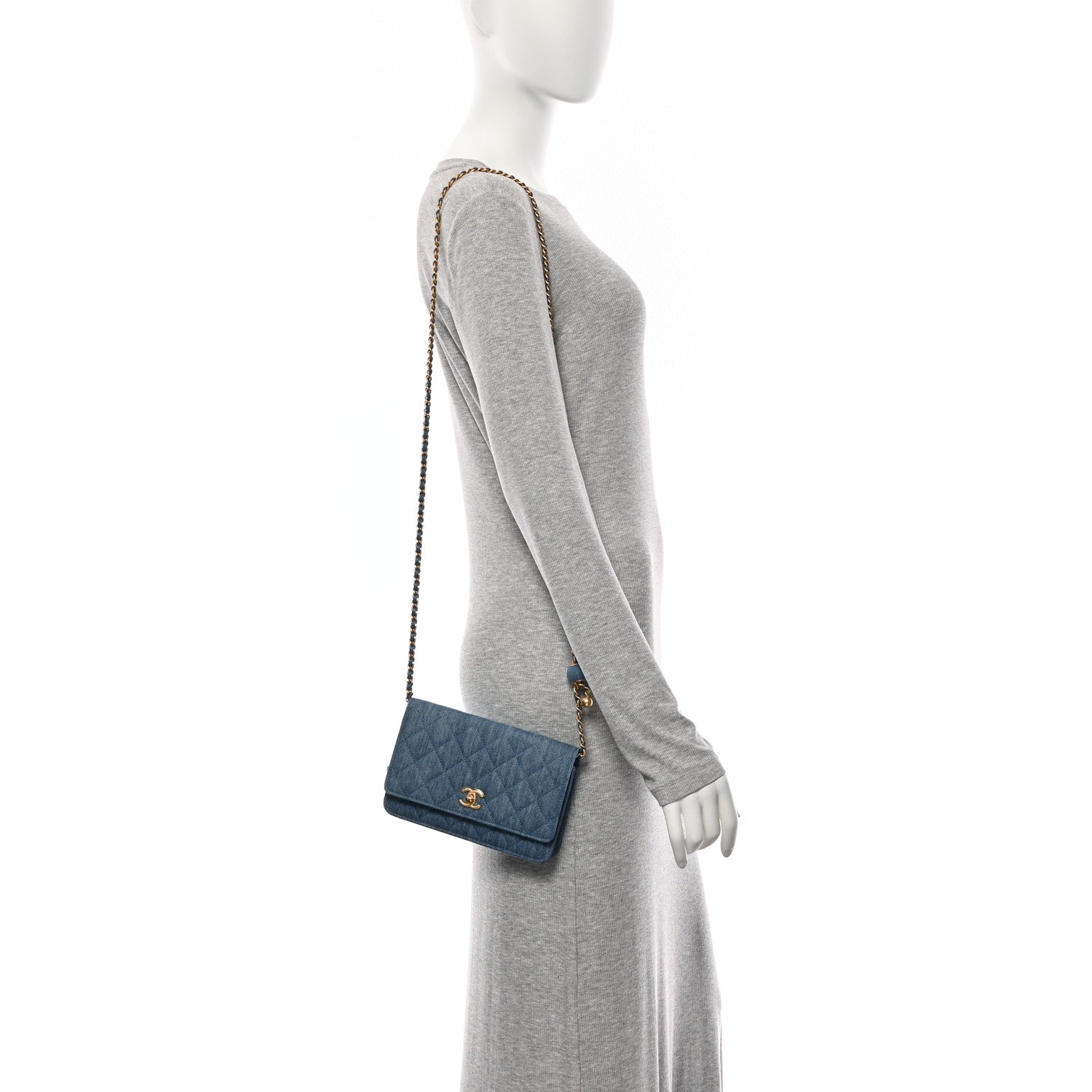 Chanel Denim Quilted CC Pearl Crush Wallet on Chain WOC Blue 2 of 11