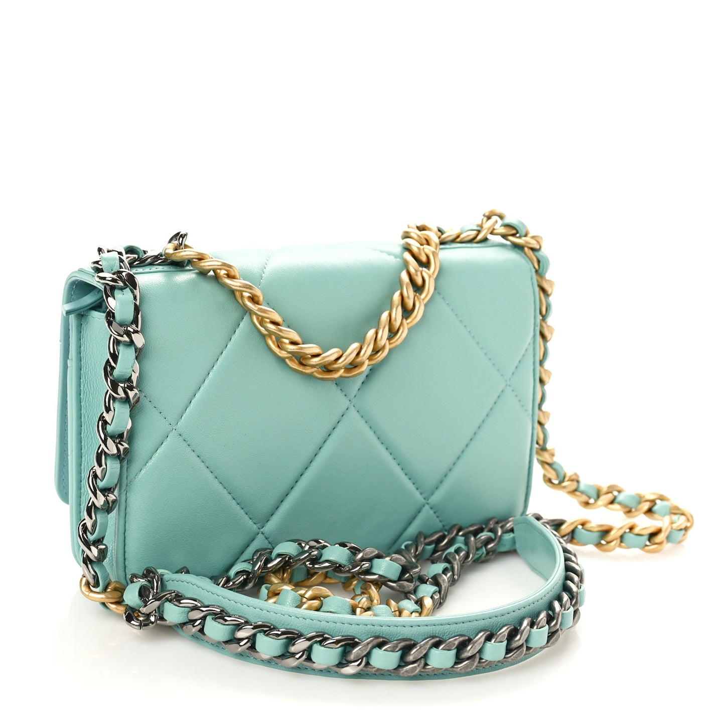 Lambskin Quilted Chanel 19 Wallet On Chain WOC Light Blue