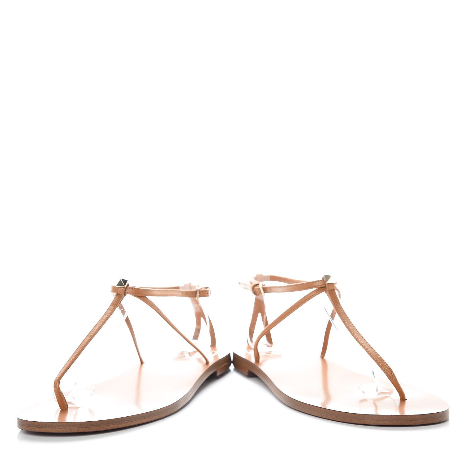 Valentino Garavani Calfskin Nude Rockstud T Strap Flat Thong Sandals 36 Brown 6 of 9