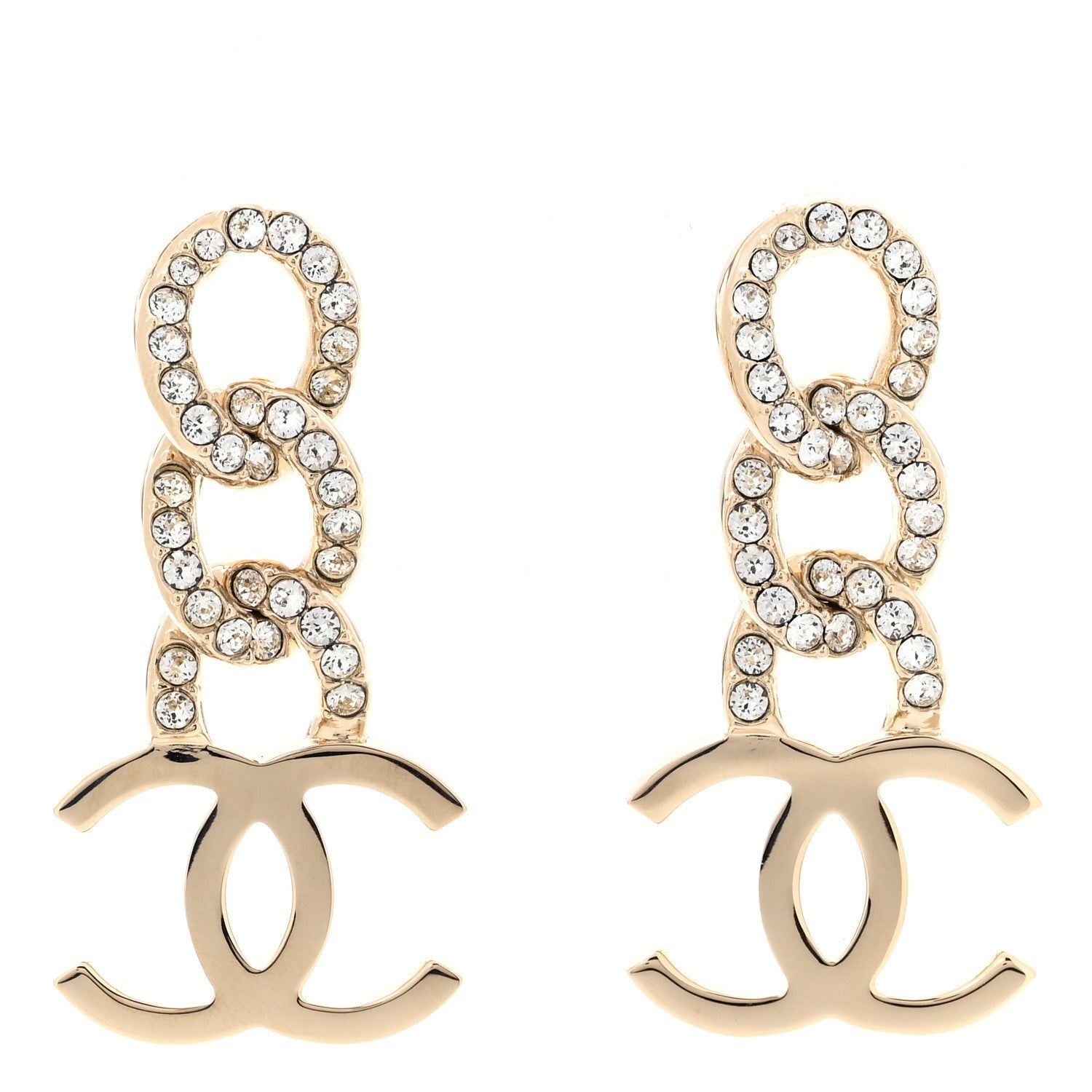 Chanel Metal Crystal CC Chain Drop Earrings Light Gold 1 of 5