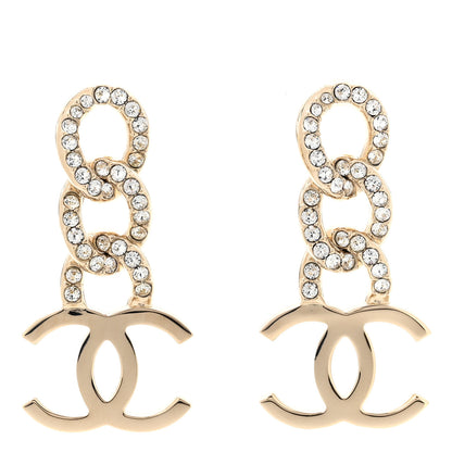Chanel Metal Crystal CC Chain Drop Earrings Light Gold 1 of 5