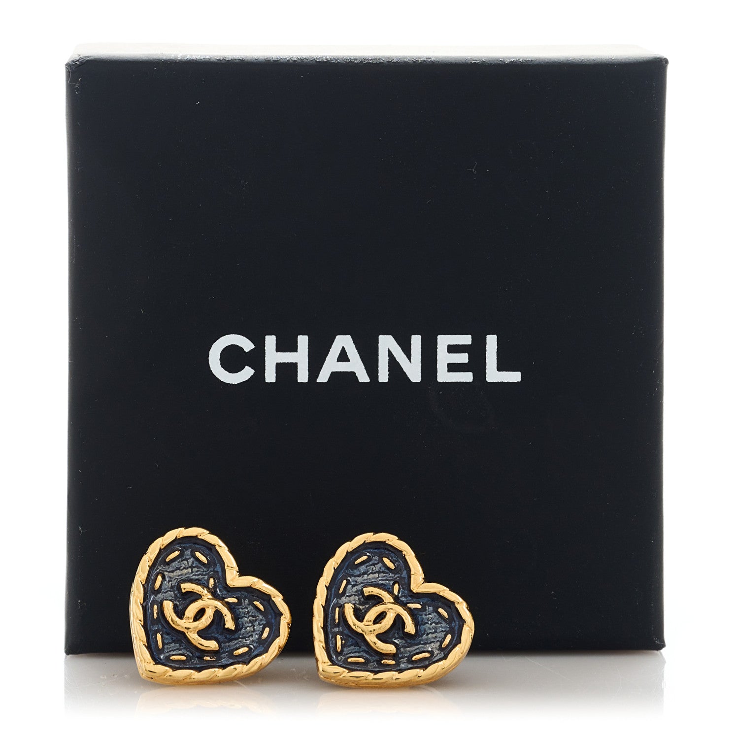 Chanel Metal Enamel CC Denim Heart Earrings Gold Blue 5 of 5