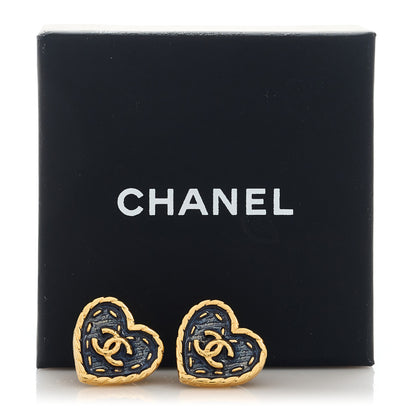 Chanel Metal Enamel CC Denim Heart Earrings Gold Blue 5 of 5