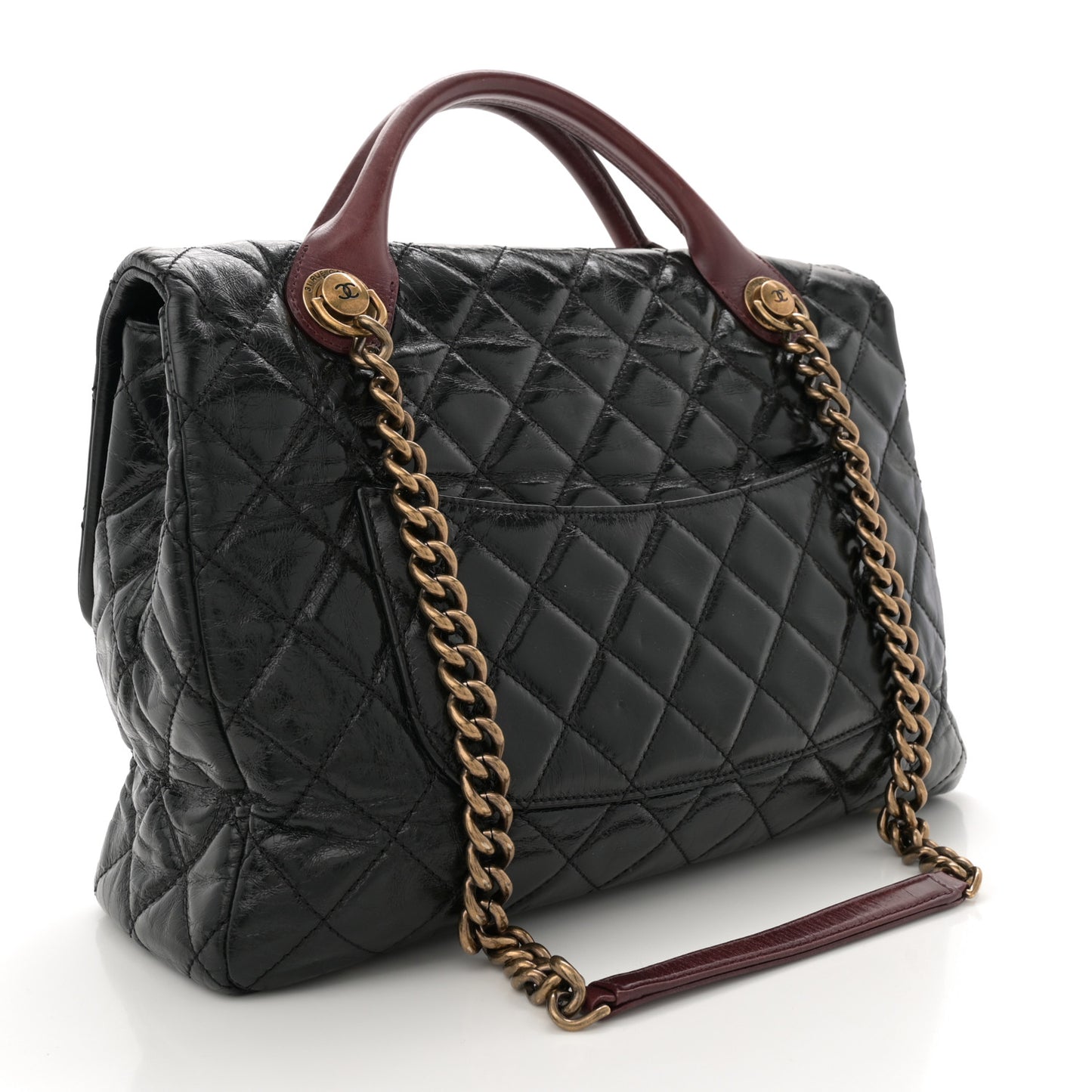 Glazed Calfskin Castle Rock Large Flap Black Burgundy