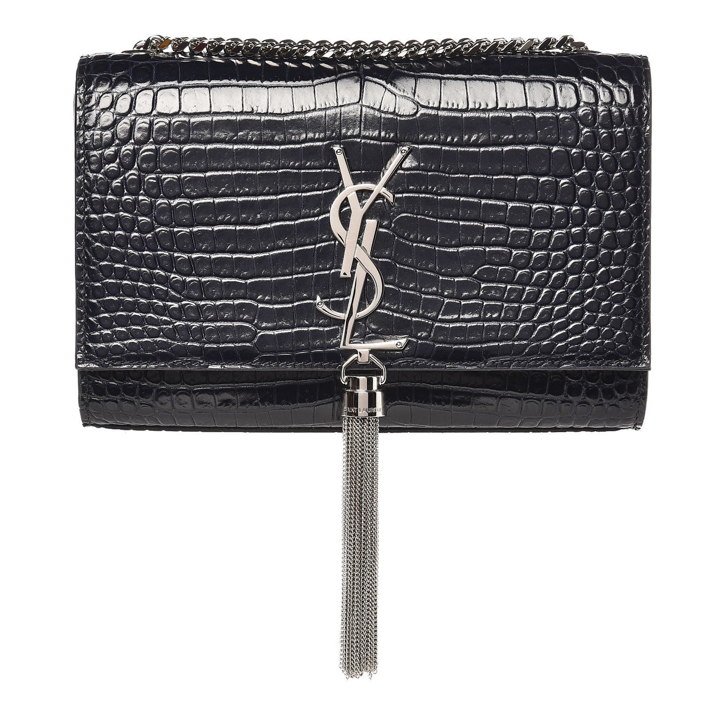 Calfskin Crocodile Embossed Small Classic Monogram Kate Tassel Satchel Navy