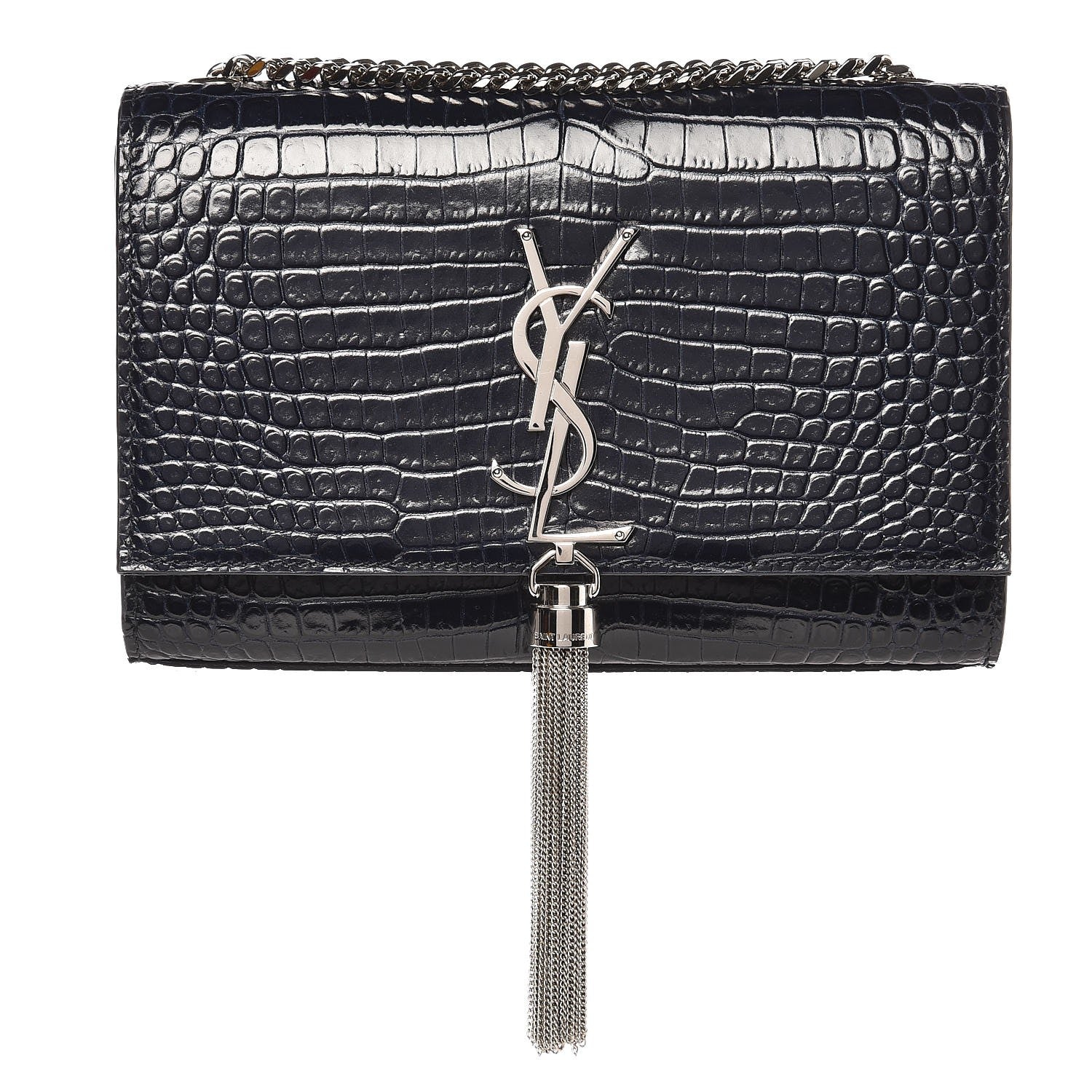 Saint Laurent Calfskin Crocodile Embossed Small Classic Monogram Kate Tassel Satchel Navy 1 of 7