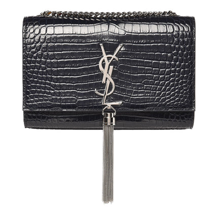 Saint Laurent Calfskin Crocodile Embossed Small Classic Monogram Kate Tassel Satchel Navy 1 of 7