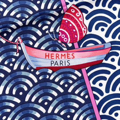 Hermes Silk Bateau Fleuri Scarf 90 Bleu Rose White 2 of 5